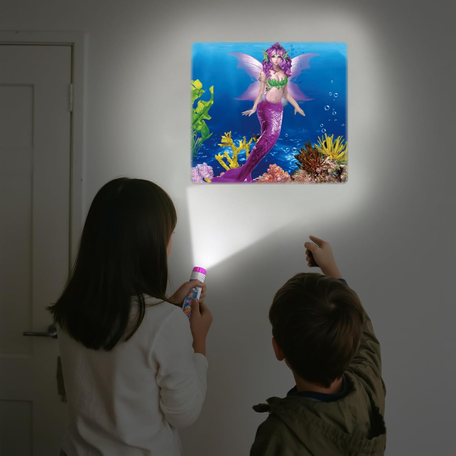 Mermaid Projector Flashlight for Kids Ages 3 , Ideas Christmas Stocking Stuffers Gifts for Girls, Pink Fairy Little Mermaid Toys, 3 Discs 24 Images, Kid Night Light Projector